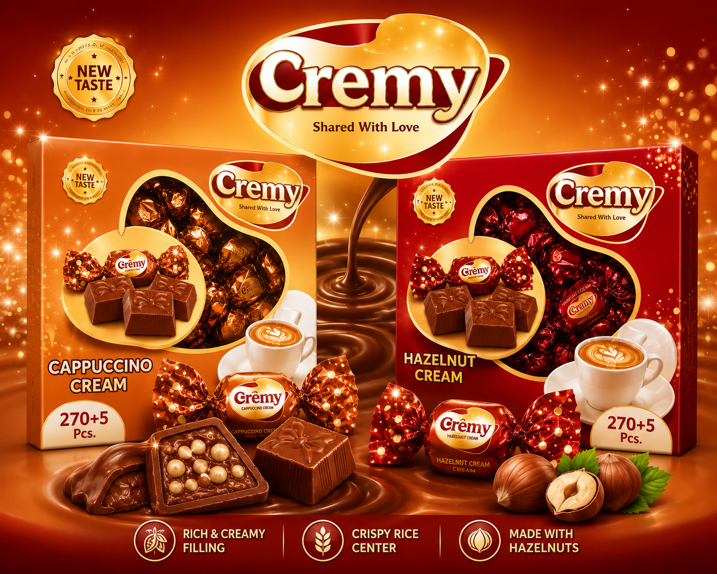 Cremy Premium Assorted Chocolate Box | Hazelnut Cream & Cappuccino Cream Filled Chocolates | Individually Wrapped | Crispy Rice Center | 270+5 Pieces
