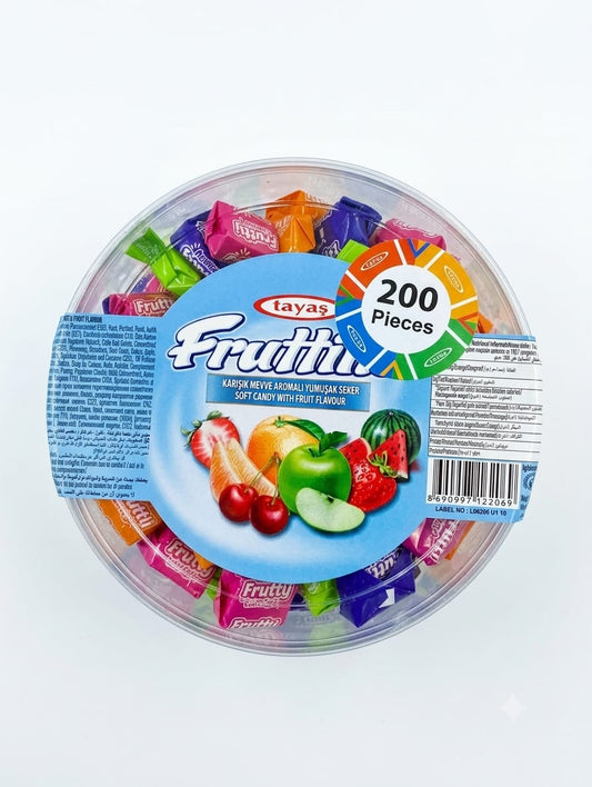Tayas Frutty Assorted Fruit Flavoured Soft Candy – 200 Pieces Chewy Sweets Tub