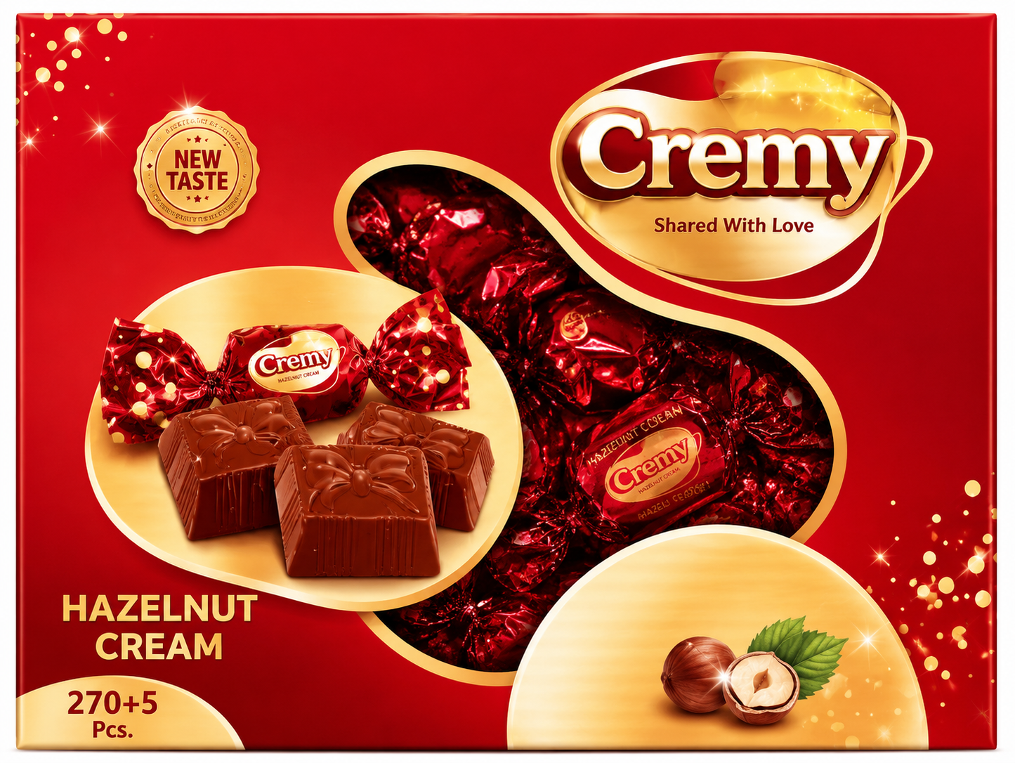 Cremy Premium Assorted Chocolate Box | Hazelnut Cream & Cappuccino Cream Filled Chocolates | Individually Wrapped | Crispy Rice Center | 270+5 Pieces