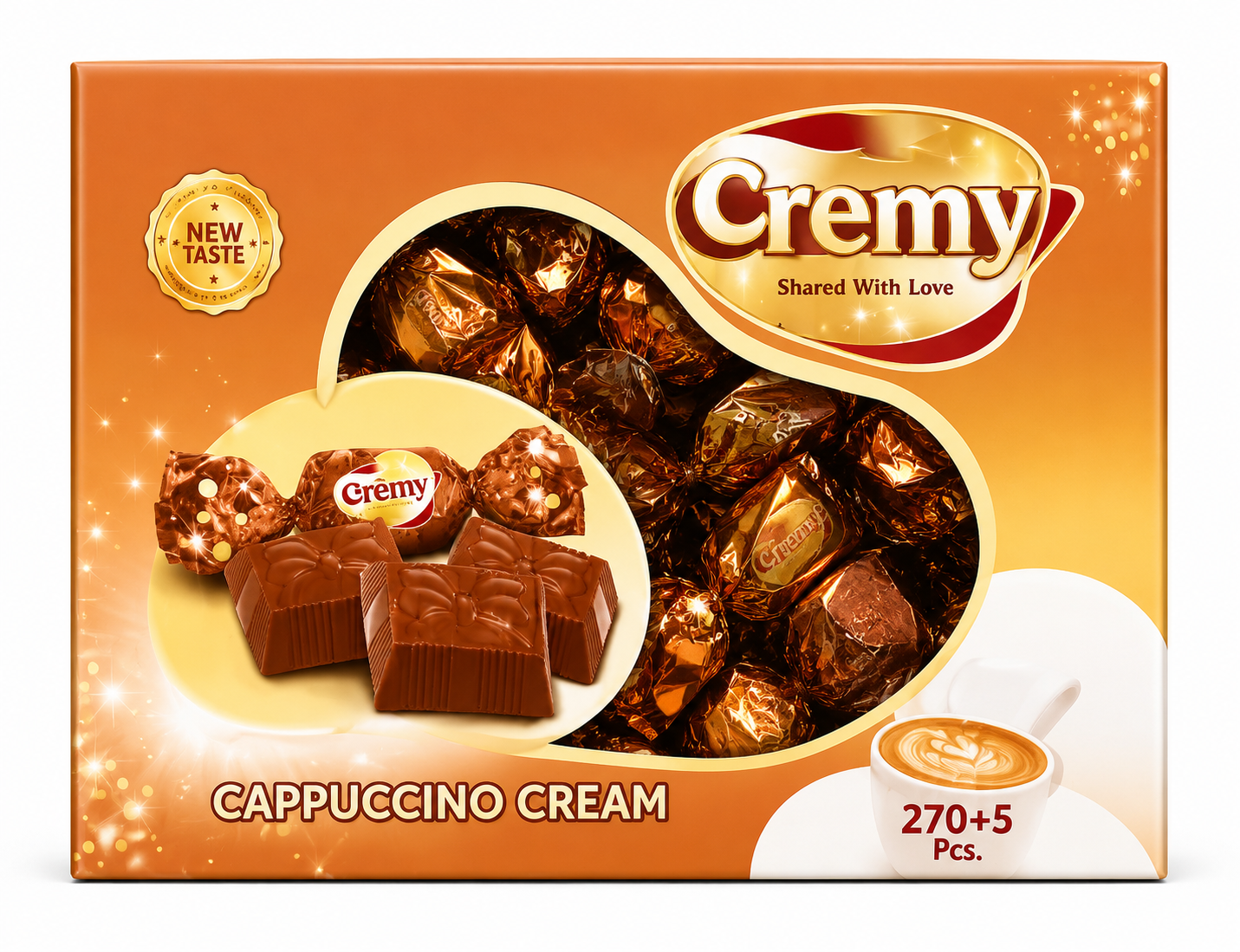 Cremy Premium Assorted Chocolate Box | Hazelnut Cream & Cappuccino Cream Filled Chocolates | Individually Wrapped | Crispy Rice Center | 270+5 Pieces